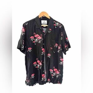 28 Palms Pink Flamingo Beachy Relaxed Fit Men's 100% Viscose Black Hawaiian